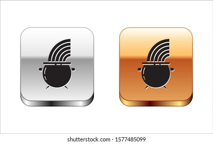 Black Witch cauldron and rainbow icon isolated on white background. Happy Saint Patricks day. Silver-gold square button. Vector Illustration