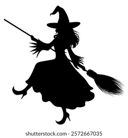 Black Witch in black costume on the way to the party. Vector illustration isolated on white background.