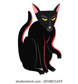 Black witch halloween cat in cartoon flat style. Black creepy grumpy cat. Hellcat clipart isolated on white. Vector illustration
