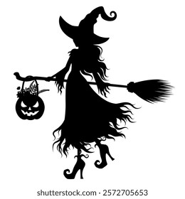 Black Witch in Halloween theme with her spooky pumpkin and magic broom. Vector illustration on white background.