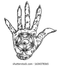 Black witch hand with all seeing eye on the devil star pentagram. Mystic and occult magic symbols. Black magic ink tattoo flash idea. Vector