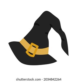 Black witch hat with a buckle for Halloween. Vector illustration isolated on a white background. For design, decor, postcards.