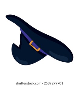 Sombrero negro de la bruja con la hebilla y la banda púrpura, accesorio clásico para Halloween, Ilustración vectorial