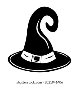 Black witch hat, cartoon isolated on white background, vector illustration for design and decor, Halloween, sticker, template