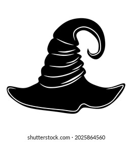 Black witch hat, cartoon isolated on white background, vector illustration for design and decor, Halloween, sticker, template