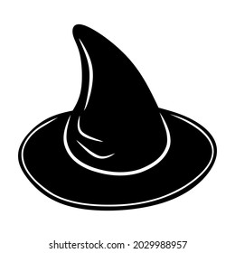 Black witch hat, cartoon isolated on white background, vector illustration for design and decor, Halloween, sticker, template