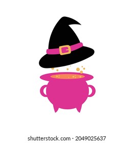 Black witch hat and cauldron in purple and pink colors. Cartoon illustration on white background