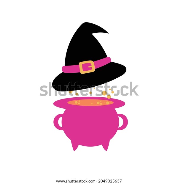 Black witch hat and\
cauldron in purple and pink colors. Cartoon illustration on white\
background