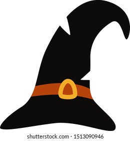 Black Witch hat is curved. Flat vector isolated icon illustration. Happy Halloween. Costume concept. October party 