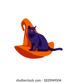 Black witch hat decorated with cat. Halloween costume design element, wizard pointed cap. Happy Halloween concept cartoon vector illustration