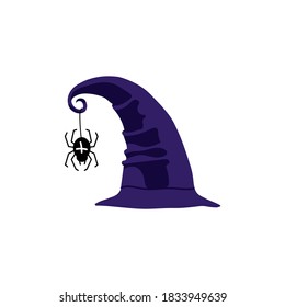 Black witch hat decorated with spiderweb. Halloween costume design element, wizard pointed cap. Happy Halloween concept cartoon vector illustration