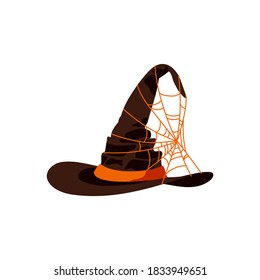 Black witch hat decorated with spiderweb. Halloween costume design element, wizard pointed cap. Happy Halloween concept cartoon vector illustration