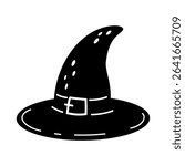Black witch hat doodle. Spooky Halloween festive object. Hand drawn vector illustration in flat style