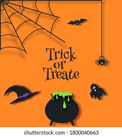 Black witch hat, ghost, bat, cauldron of green slime and cute spider weave webs in the corner of orange background. Halloween vector illustration card in cut paper style. Trick or treat.