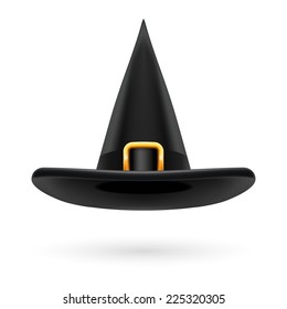 Black witch hat with golden buckle and hatband