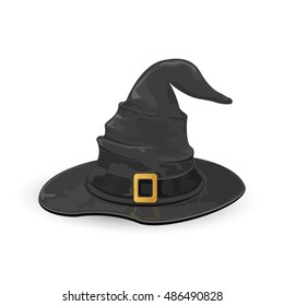 Black witch hat with golden buckle isolated on white background, illustration.
