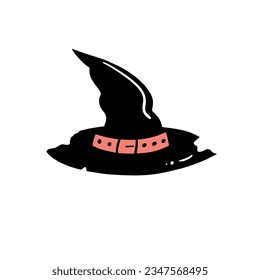 Black witch hat. Halloween party costume elements. Isolated vector illustration