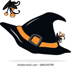 Schwarzer Hexenhut zu Halloween mit Schatten. Symbolvektorgrafik im Cartoon-Stil.