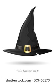 Black witch hat. Headdress. Halloween symbol. Cartoon vector illustration isolated on white background