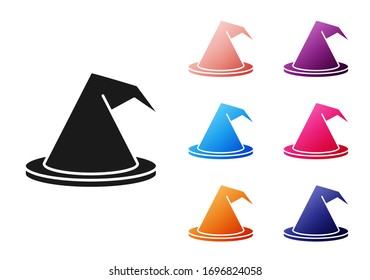 Black Witch hat icon isolated on white background. Happy Halloween party. Set icons colorful. Vector Illustration