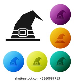 Black Witch hat icon isolated on white background. Happy Halloween party. Set icons in color circle buttons. Vector Illustration