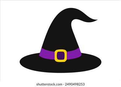 Black witch hat isolated on a white background. Wizard pointed hat. Concept of Halloween, festive icon, minimalist style, magic accessory. Print, icon, design element.