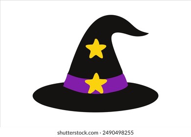 Black witch hat isolated on a white background. Wizard pointed hat. Concept of Halloween, festive icon, minimalist style, magic accessory. Print, icon, design element.