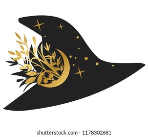 Black witch hat on white background. Vector illustration