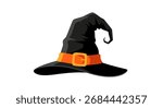A black witch hat with an orange buckle.