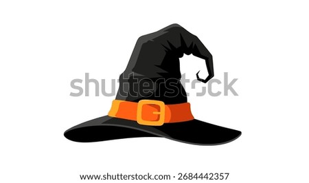 A black witch hat with an orange buckle.