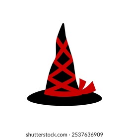 Sombrero negro de la bruja con la cinta roja en un fondo blanco. Estilo de dibujos animados de color. Elemento de Vector para Halloween y mascarada.