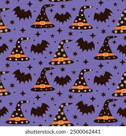 Black Witch Hat seamless pattern decorated with stars and retro flowers with bats on purple background. For Halloween Fabric, textile and Halloween party decorations 