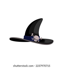 Black witch hat with skull cartoon illustration. Halloween carnival headdress or costume element, magician, wizard, sorcerer hat. Holiday, party, masquerade, witchcraft, fantasy concept