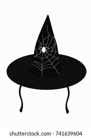 Black Witch hat with spider, vector image illustration on isolated white background.