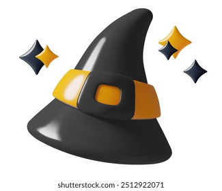 Chapéu de bruxa preta e estrela ícone do vetor 3d. Fofo de Halloween mínimo bonito escuro mágico traje elemento. Ilustração tridimensional isolada sobre fundo branco