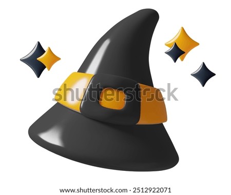 Black witch hat and stars 3d vector icon. Cute minimal Halloween party dark magician costume element. Three dimensional illustration isolated on white background