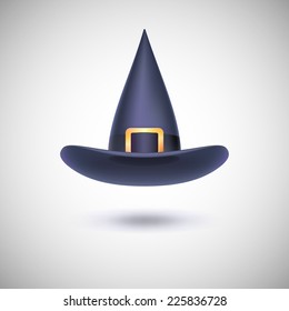 Black witch hat with black strip for Halloween, isolated on white background.