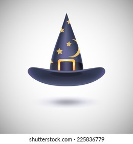 Black witch hat with black strip and stars for Halloween, isolated on white background.