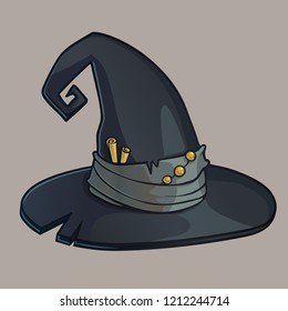 Black witch hat. Vector color illustration of old magical wide-brimmed hat 