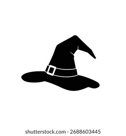Black witch hat with a white buckle and trim on a white background.