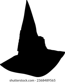 Black witch hat. Wizard hat silhouette. Halloween party decoration. Autumn, fall. Halloween style design. Trick or treat. Flat icon. Isolated on white background. Vector illustration.