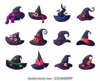 Black witch hats. Cartoon witches hat for halloween costume. Decorative magic caps, witching and wizard. Masquerade nowaday vector elements