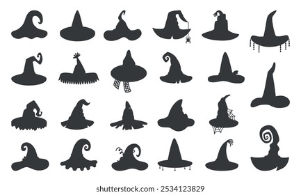 Siluetas de sombreros de bruja negros. Accesorios de mago de brujas aislados. Símbolos de Halloween, Elementos de disfraces de festival de carnaval, Clipart de Vector neoterico