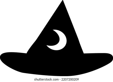 Black witch magic hat with moon silhouette vector illustration isolated on white background. 
Witch hat element silhouette Halloween party decorations. Wizard hat logo icon isolated sign symbol.