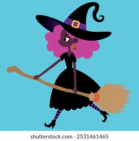 Black witch, with pink hair, holding broom, for backgrounds and designers