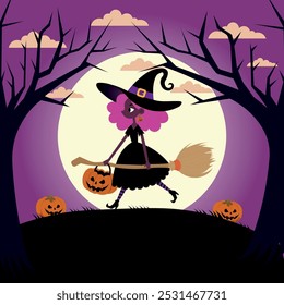 Black witch, with pink hair, holding a broom, on a pink Halloween background