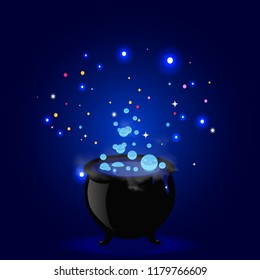 Black witch pot cauldron with boiling potion, glowing sparkles and bubbles on blue background. Halloween vector illustration, greeting card, icon, witch symbol. Design element for invitation, flyer.