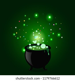 Black witch pot cauldron with boiling potion, glowing sparkles and bubbles on green background. Halloween vector illustration, greeting card, icon, witch symbol. Design element for invitation, flyer.