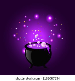 Black witch pot cauldron with boiling potion, glowing sparkles and bubbles on purple background. Halloween vector illustration, greeting card, icon, witch symbol. Design element for invitation, flyer.