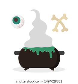 Black witch pot. Halloween accessory, magic green potion in the boiler. Isolated vector illustration in flat style